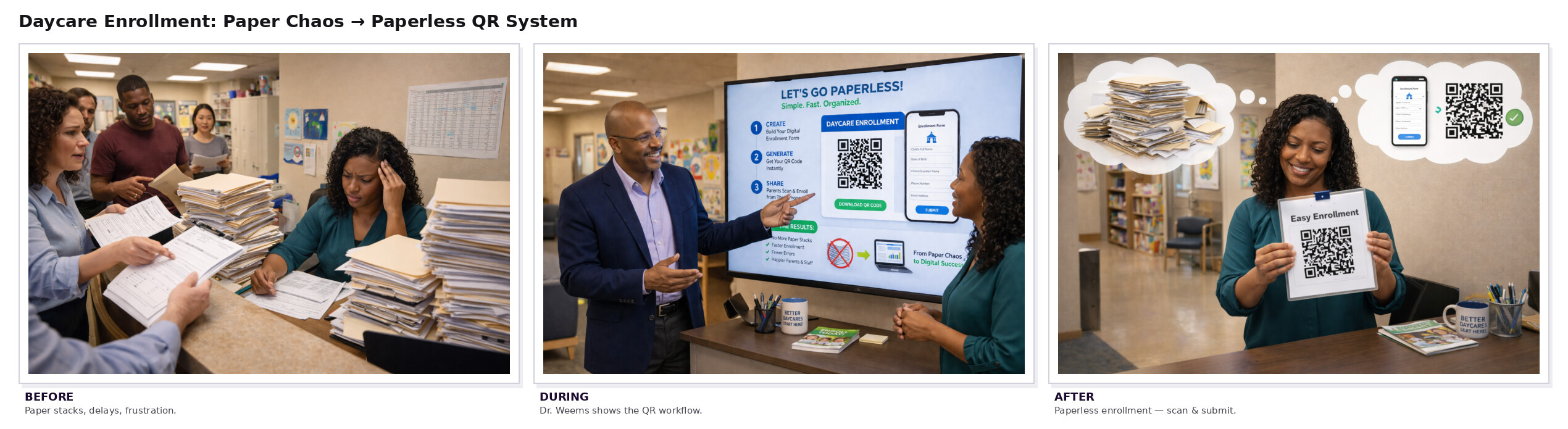Go Paperless — Before, During, After comic strip showing daycare digital transformation